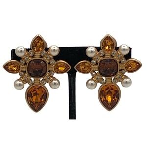 Swarovski Cruciform Topaz Citrine Clip On Earrings 1980s Swan Signed Statement